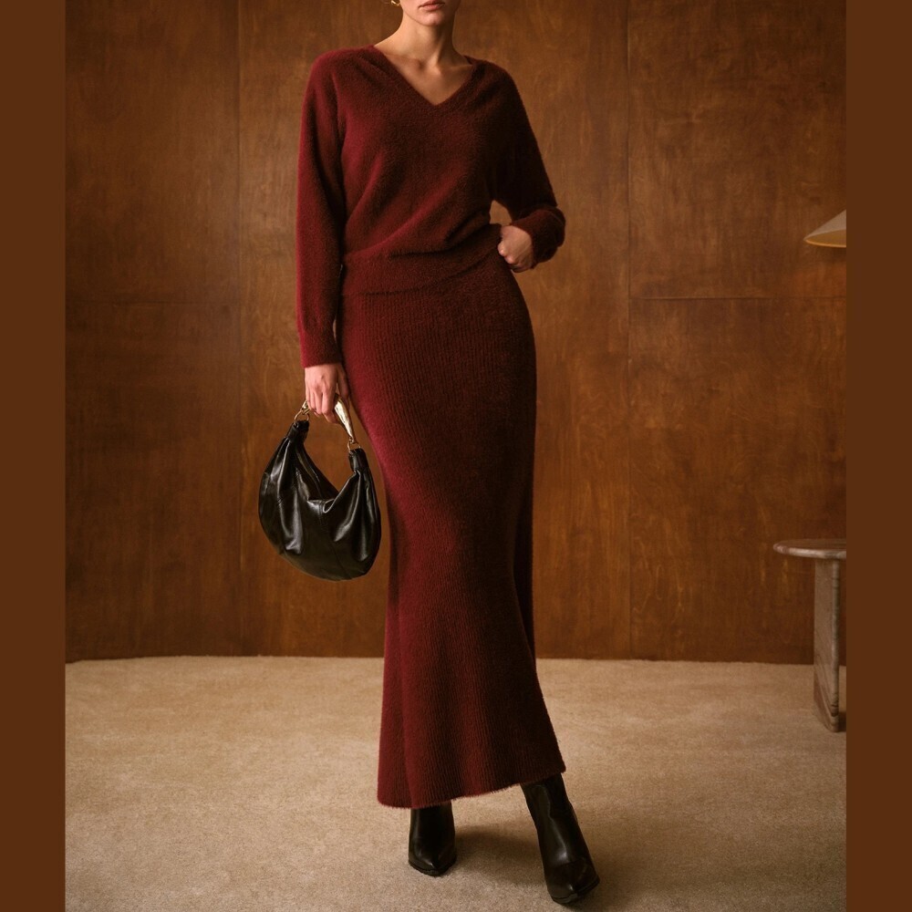 Warm Burgundy Fuzzy Knit V Neck Sweater and Maxi Skirt Set